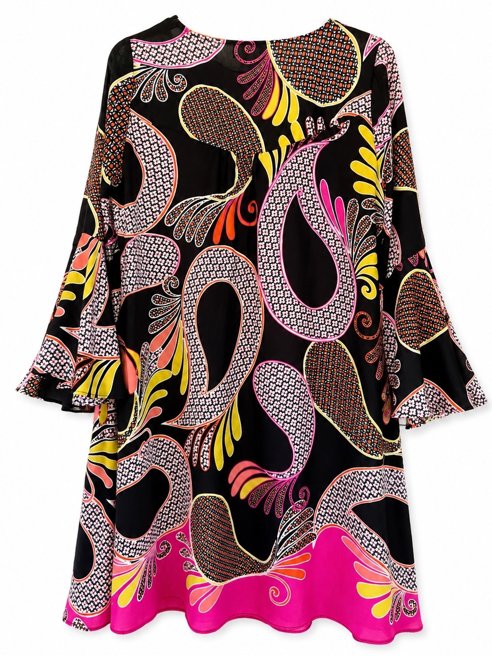 Kaari Blue Shift Dress paisley multicolor flared bell sleeves size M